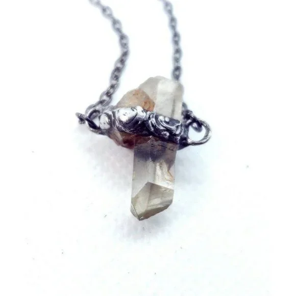 Raw quartz crystal necklace handmade gothic metalwork jewelry men's minimal - Picture 2 of 11